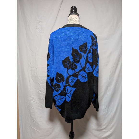 Arielle Women's VTG 80s 90s Blue Black Leaf Print Metallic Lurex Knit Sweater - Picture 5 of 8